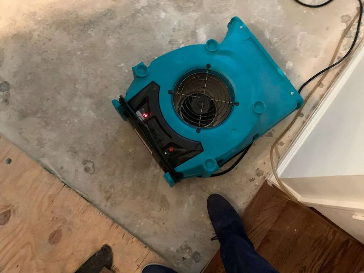 Air mover drying subfloor during Leak Detection & Repair in Suffolk